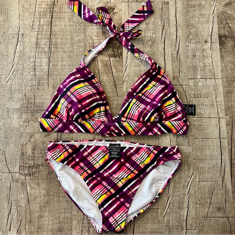 Catalina Pink Plaid Bikini Set XL 16-18 Top 8-10 Bottom Halter Swim